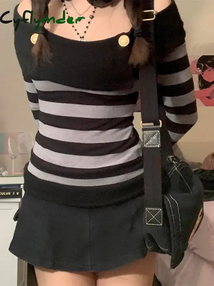 Cyflymder FALL OUTFITS Womens Autumn Tops Y2K Aesthetic Gothic Retro Clothes Off Shoulder Long Sleeve Shirts Striped