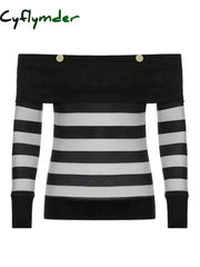 Cyflymder FALL OUTFITS Womens Autumn Tops Y2K Aesthetic Gothic Retro Clothes Off Shoulder Long Sleeve Shirts Striped