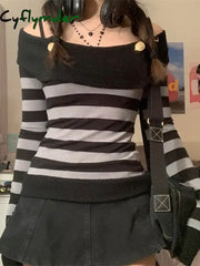 Cyflymder FALL OUTFITS Womens Autumn Tops Y2K Aesthetic Gothic Retro Clothes Off Shoulder Long Sleeve Shirts Striped