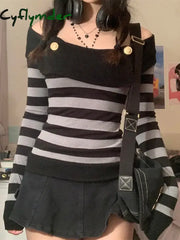 Cyflymder FALL OUTFITS Womens Autumn Tops Y2K Aesthetic Gothic Retro Clothes Off Shoulder Long Sleeve Shirts Striped