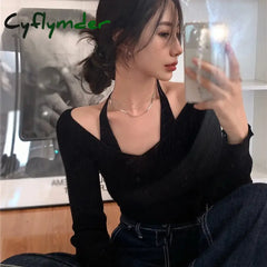 Cyflymder FALL OUTFITS Womens Korean version Long Sleeve Sweater Off Shoulder Sexy Knitted Pullover Jumper Sweaters