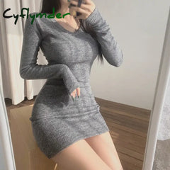 Cyflymder FALL OUTFITS Women’s Long Sleeves Dress V Neck Slim Sexy Solid Color Pullover Bodycon Elastic Dress Hip Wrap