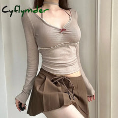 Cyflymder FALL OUTFITS Y2K Contrast Lace Stitching Knitted Top Kawaii Chest Folds V-neck Halter-neck T-shirts Coquette