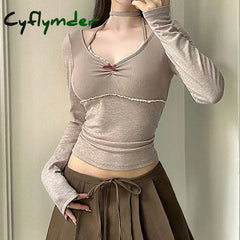 Cyflymder FALL OUTFITS Y2K Contrast Lace Stitching Knitted Top Kawaii Chest Folds V-neck Halter-neck T-shirts Coquette