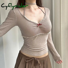 Cyflymder FALL OUTFITS Y2K Contrast Lace Stitching Knitted Top Kawaii Chest Folds V-neck Halter-neck T-shirts Coquette