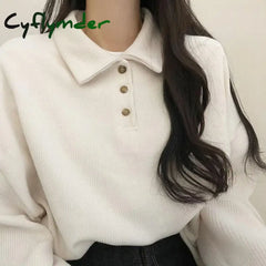 Cyflymder Fall Winter Ribbed Pullovers Women Casual Simple Preppy Style Student Turndown Collar
