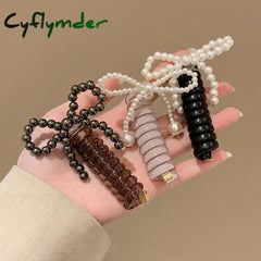 Cyflymder Fashion Beaded Bow Telephone Wire Hairband Ponytail Braid Elastic Spiral Rubber Band Simple Hair Ties For