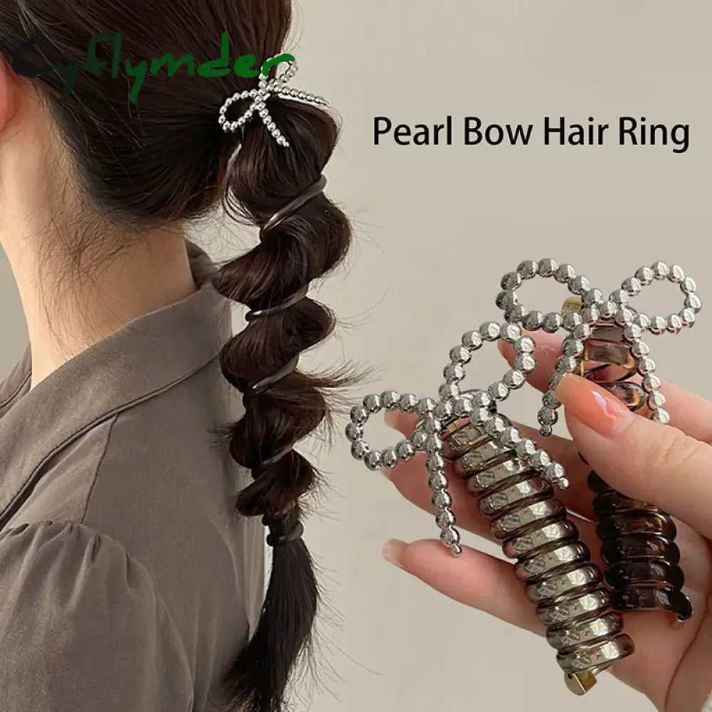 Cyflymder Fashion Beaded Bow Telephone Wire Hairband Ponytail Braid Elastic Spiral Rubber Band Simple Hair Ties For