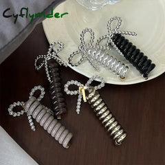 Cyflymder Fashion Beaded Bow Telephone Wire Hairband Ponytail Braid Elastic Spiral Rubber Band Simple Hair Ties For