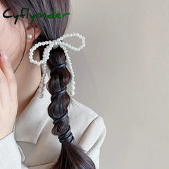 Cyflymder Fashion Beaded Bow Telephone Wire Hairband Ponytail Braid Elastic Spiral Rubber Band Simple Hair Ties For