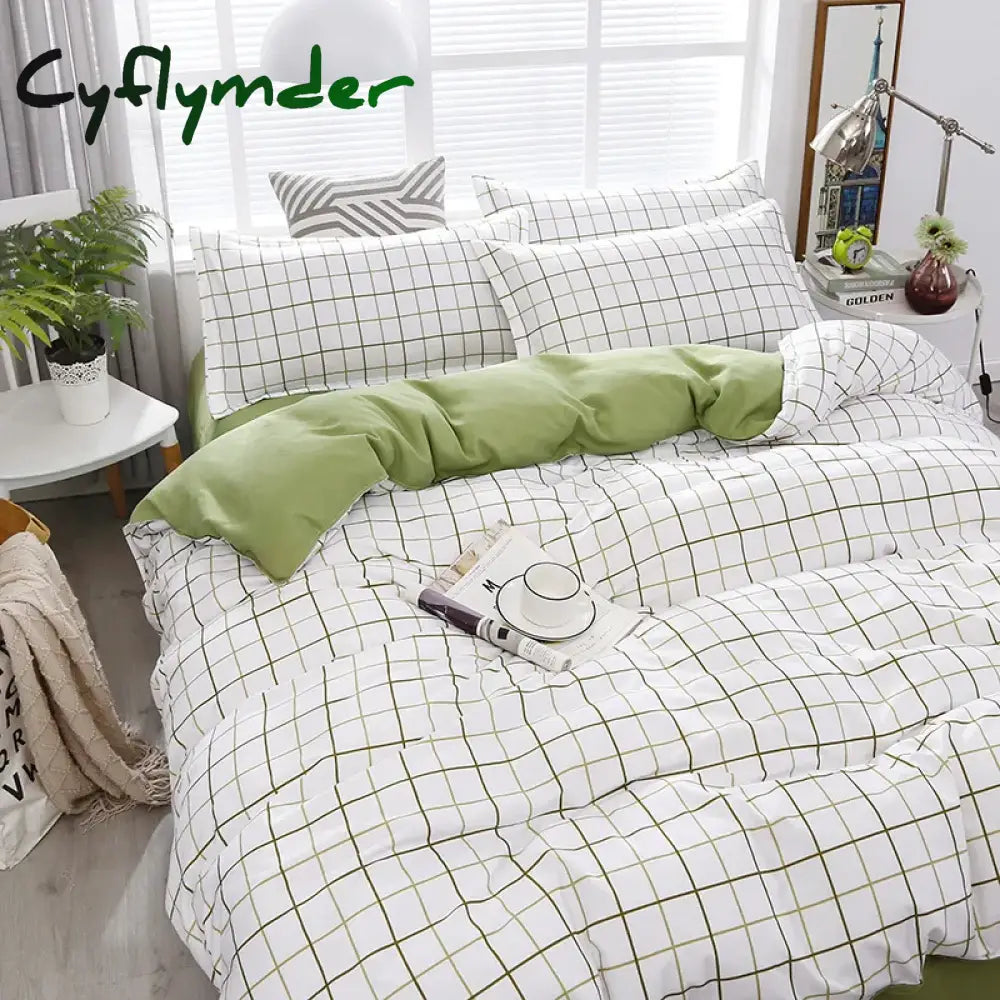 Fashion Bedding Set White Green Double Bed Linens Nordic Duvet Cover Pillowcase Queen Size Flat Sheet Classic Grid Kids Winter