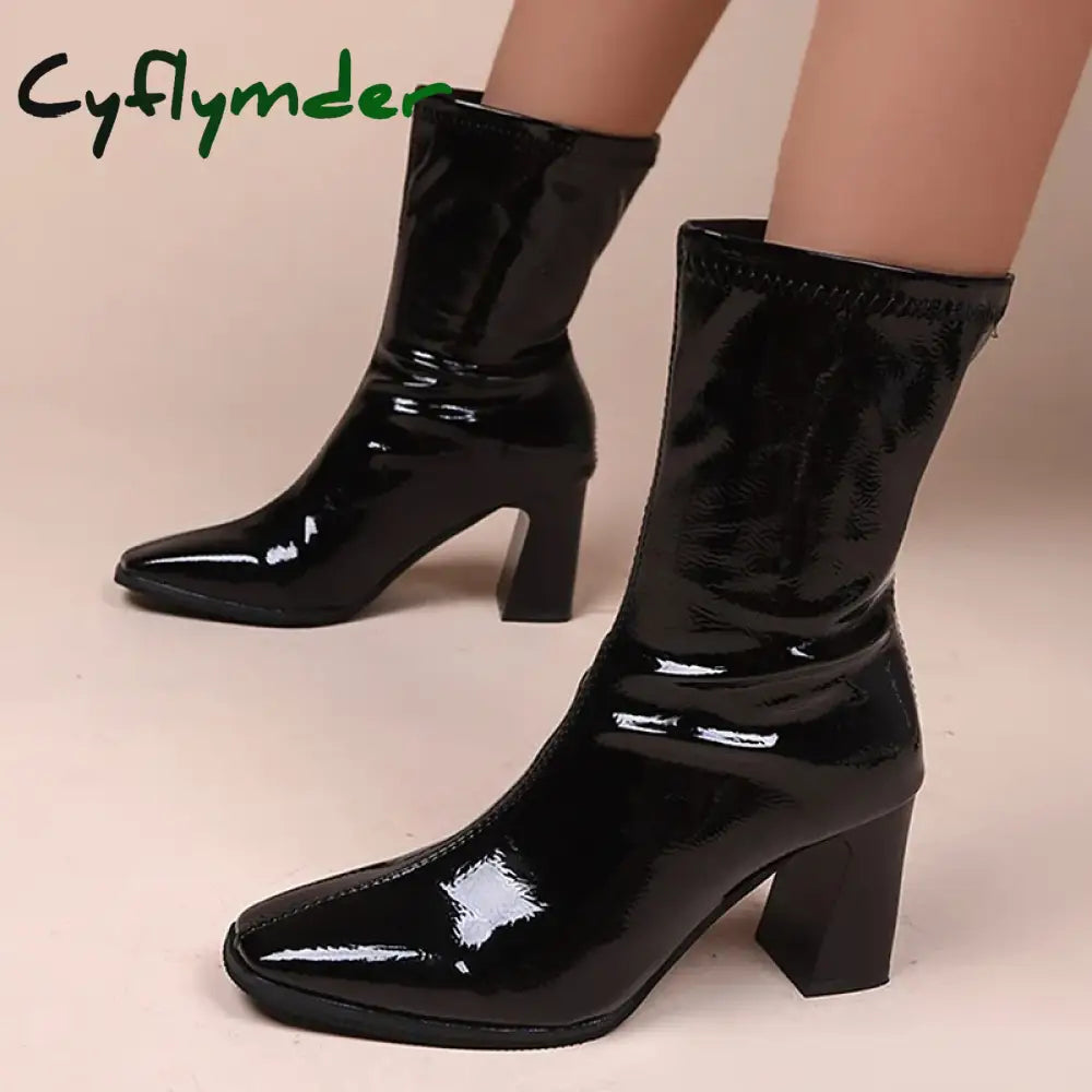 Cyflymder Fashion Black High Heels Ankle Boots for Women Pleated Patent Leather Short Boots Woman Autumn Slip-On Thick