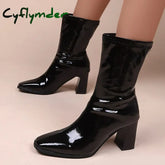 Cyflymder Fashion Black High Heels Ankle Boots for Women Pleated Patent Leather Short Boots Woman Autumn Slip-On Thick