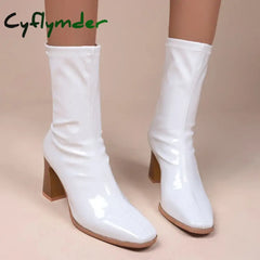 Cyflymder Fashion Black High Heels Ankle Boots for Women Pleated Patent Leather Short Boots Woman Autumn Slip-On Thick