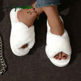 Cyflymder Fashion Cross Strap Fur Slippers Women Indoor Light Warm Plush Home Slippers Woman Faux Fur Flat Heel Couple