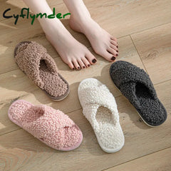 Cyflymder Fashion Cross Strap Fuzzy Slippers Women Indoor House Non Slip Warm Plush Woman Slippers Winter Comfort Soft