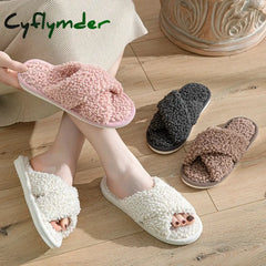 Cyflymder Fashion Cross Strap Fuzzy Slippers Women Indoor House Non Slip Warm Plush Woman Slippers Winter Comfort Soft