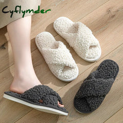 Cyflymder Fashion Cross Strap Fuzzy Slippers Women Indoor House Non Slip Warm Plush Woman Slippers Winter Comfort Soft