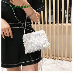 Cyflymder Fashion Design Luxury Silver Sequin Rhinestone Tassel Women Small Shoulder Bags Chain