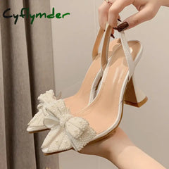 Cyflymder Fashion Design White Pearl Bowknot Women Pumps Sexy Pointed Toe High Heels Wedding Prom Shoe PVC Transparent
