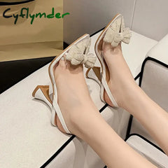 Cyflymder Fashion Design White Pearl Bowknot Women Pumps Sexy Pointed Toe High Heels Wedding Prom Shoe PVC Transparent