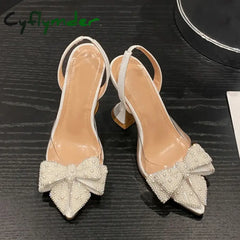 Cyflymder Fashion Design White Pearl Bowknot Women Pumps Sexy Pointed Toe High Heels Wedding Prom Shoe PVC Transparent