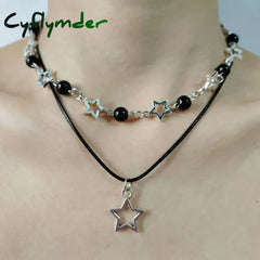 Cyflymder Fashion Double Layered Black Bead Star Choker Necklace Punk Pentagram Leather Rope Necklaces For Women Girls 1