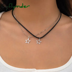 Cyflymder Fashion Double Layered Black Bead Star Choker Necklace Punk Pentagram Leather Rope Necklaces For Women Girls