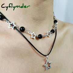 Cyflymder Fashion Double Layered Black Bead Star Choker Necklace Punk Pentagram Leather Rope Necklaces For Women Girls