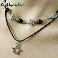 Cyflymder Fashion Double Layered Black Bead Star Choker Necklace Punk Pentagram Leather Rope Necklaces For Women Girls