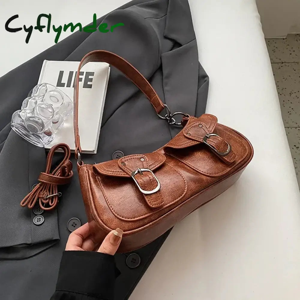 Cyflymder Fashion Double pockets Design PU Leather Shoulder Bag for Women Tend Female Crossbody Bag Underarm Bags