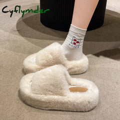Cyflymder Fashion Faux Fur Home Cotton Shoes New Slippers Women Winter Warm and Soft Platform Slippers Women Flat