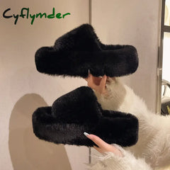 Cyflymder Fashion Faux Fur Home Cotton Shoes New Slippers Women Winter Warm and Soft Platform Slippers Women Flat