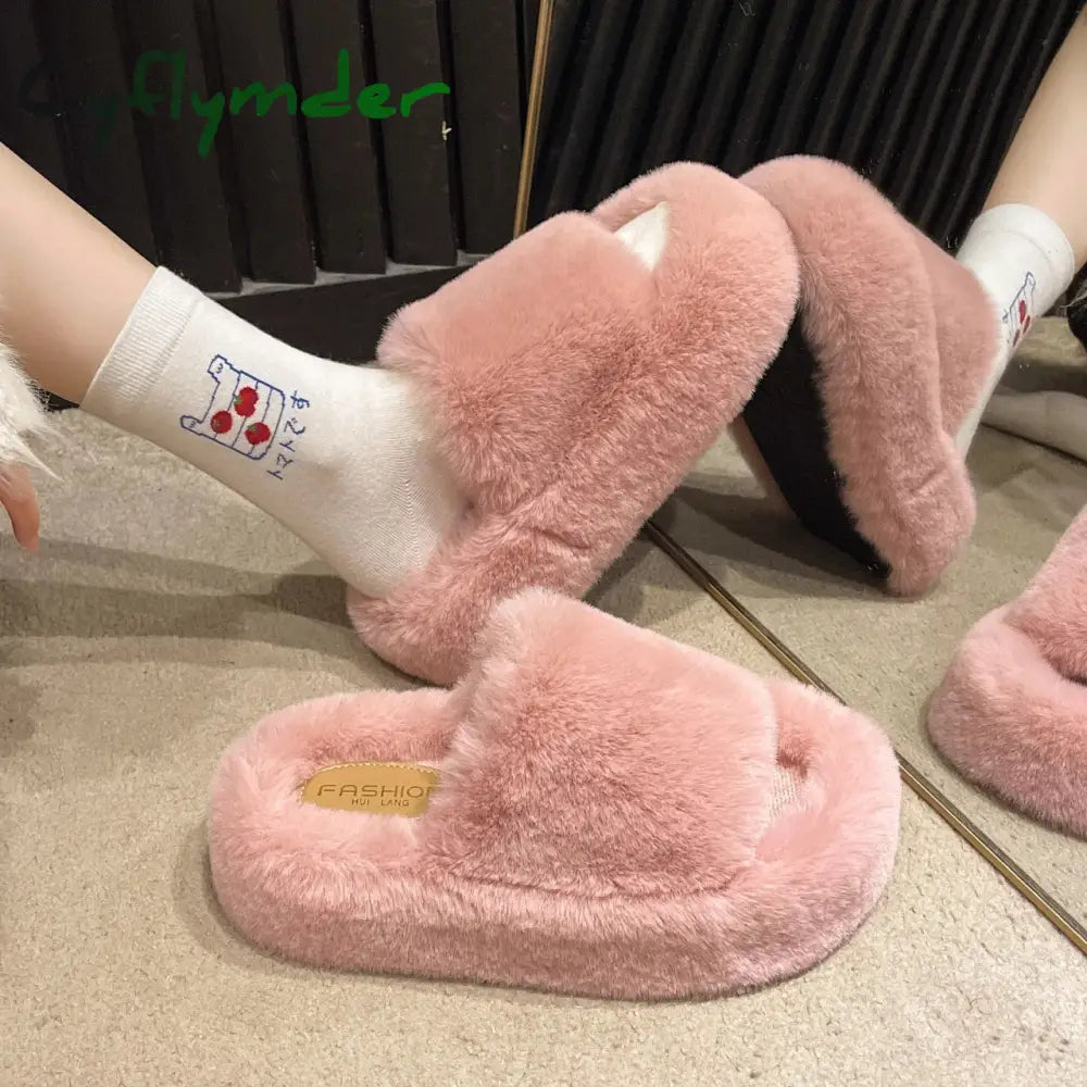 Cyflymder Fashion Faux Fur Home Cotton Shoes New Slippers Women Winter Warm and Soft Platform Slippers Women Flat