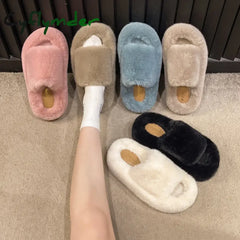 Cyflymder Fashion Faux Fur Home Cotton Shoes New Slippers Women Winter Warm and Soft Platform Slippers Women Flat