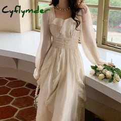 Cyflymder Fashion French Style Spring Autumn New Women’s Solid Square Neck Patchwork Folds