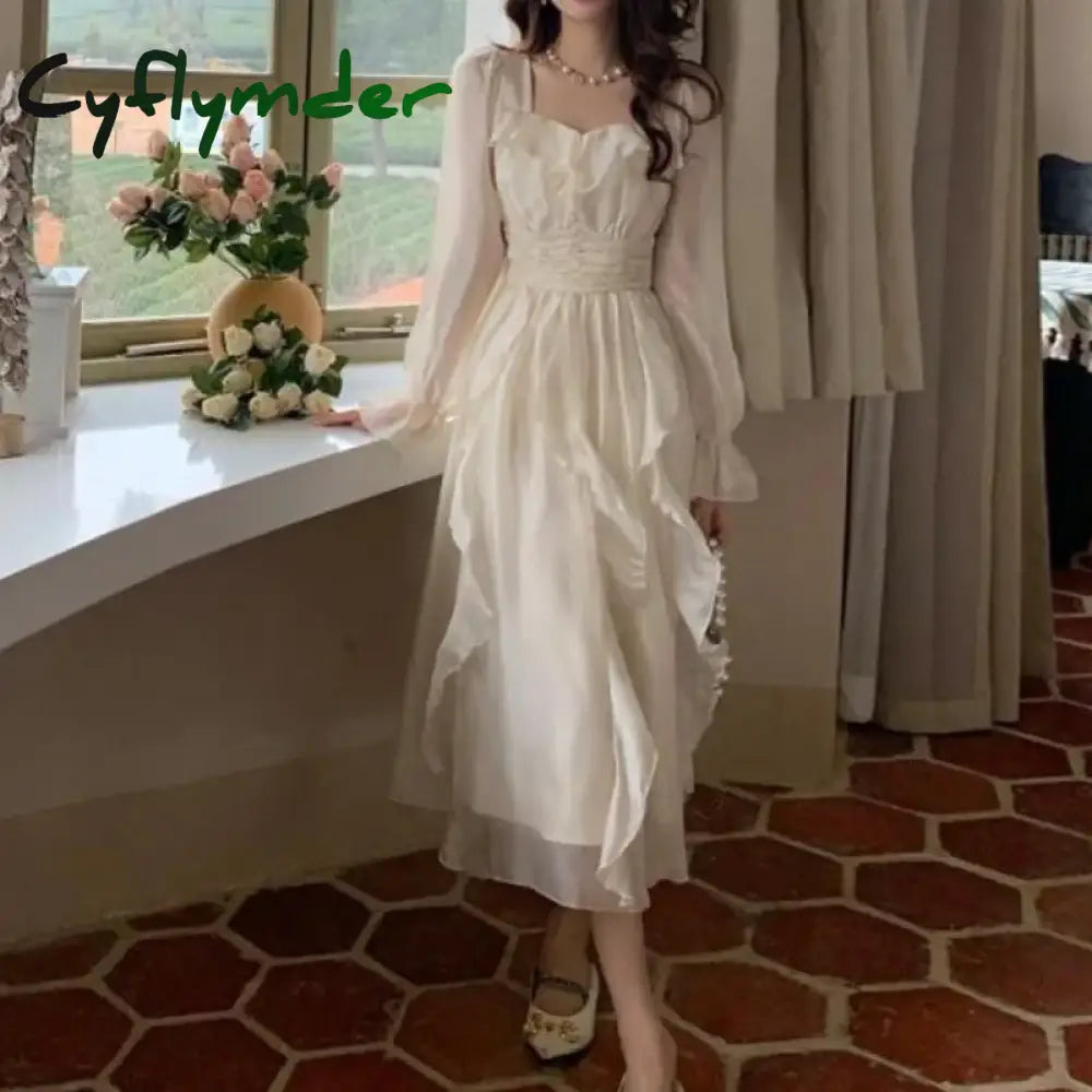 French Style Spring Autumn New Women's Solid Square Neck Patchwork Folds Elastic Waist Retraction Long Sleeve Chic Dress