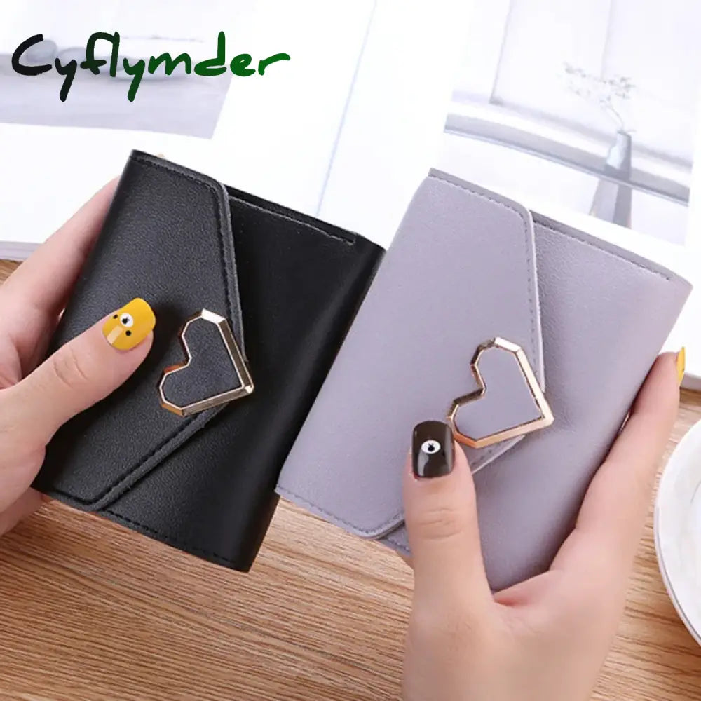 Cyflymder Fashion Heart Hasp Women Short Wallet Coin Pouch Solid Color Large Capacity Credit Card Holder Card Wallets