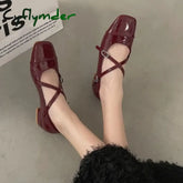 Cyflymder Fashion Medium Heeled Mary Jane Single Shoes for Women Retro Thick Heel Ballet Shoes Cross Buckle Shallow