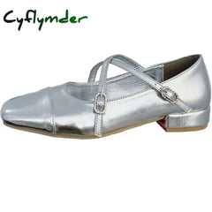 Cyflymder Fashion Medium Heeled Mary Jane Single Shoes for Women Retro Thick Heel Ballet Shoes Cross Buckle Shallow