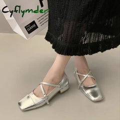 Cyflymder Fashion Medium Heeled Mary Jane Single Shoes for Women Retro Thick Heel Ballet Shoes Cross Buckle Shallow