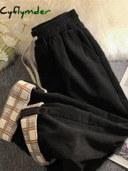 Cyflymder Fashion Plaid Hemming Women Corduroy Pants High Waist Fall Black Korean Loose Straight Trousers Casual