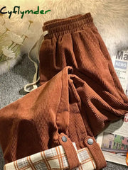 Cyflymder Fashion Plaid Hemming Women Corduroy Pants High Waist Fall Black Korean Loose Straight Trousers Casual