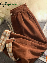 Cyflymder Fashion Plaid Hemming Women Corduroy Pants High Waist Fall Black Korean Loose Straight Trousers Casual