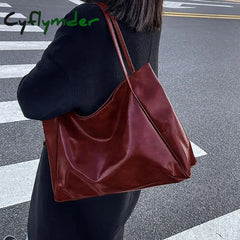 Cyflymder Fashion PU Tote Bag Vintage All-match Large Capacity Commuting Bag Shoulder Bag Daily Life Shopping Bag BLACK
