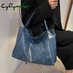 Cyflymder Fashion PU Tote Bag Vintage All-match Large Capacity Commuting Bag Shoulder Bag Daily Life Shopping Bag BLACK