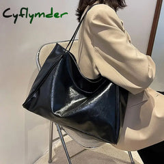 Cyflymder Fashion PU Tote Bag Vintage All-match Large Capacity Commuting Bag Shoulder Bag Daily Life Shopping Bag BLACK