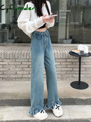 Cyflymder Fashion Ruffle Jeans Women Wide Leg Pants Jeans Retro Chic Korean Version of High-waisted Jeans Kawaii Y2K