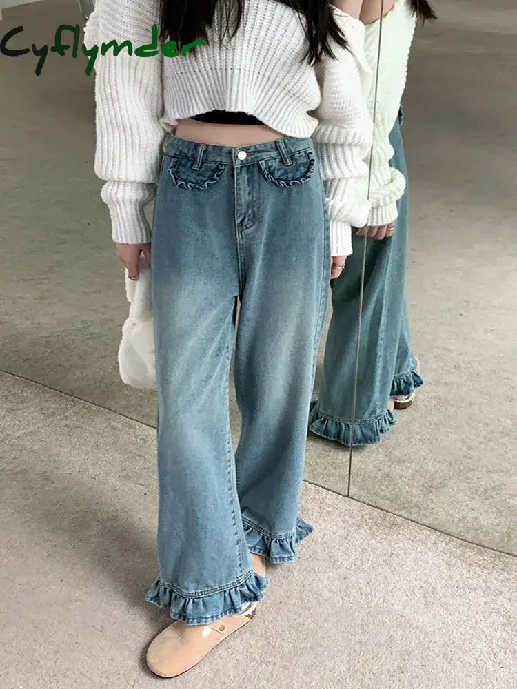 Cyflymder Fashion Ruffle Jeans Women Wide Leg Pants Jeans Retro Chic Korean Version of High-waisted Jeans Kawaii Y2K