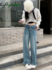 Cyflymder Fashion Ruffle Jeans Women Wide Leg Pants Jeans Retro Chic Korean Version of High-waisted Jeans Kawaii Y2K